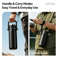 Vente en gros de gobelets de voyage en acier inoxydable écologiques et étanches personnalisés, ouverture du couvercle en un clic, thermos avec poignée pour le sport