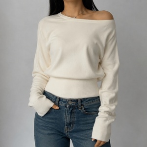 Pull en tricot à épaules dénudées pour femmes, manches longues, couleur unie, coupe ample, doux, chaud, décontracté, automne-hiver - Product Image 4