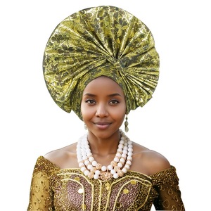 Tissu nigérian Aso Oke Fashion Headtie Ankara avec perles pour les fêtes sorties décontractées mariage dernière conception Bonnet - Product Image 4