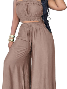 Women's Strapless Loose Tube Top With Wide Leg Pants Two <b>Piece</b> <b>Set</b> Solid Color Casual Spring Summer Outfit - Product Image 1