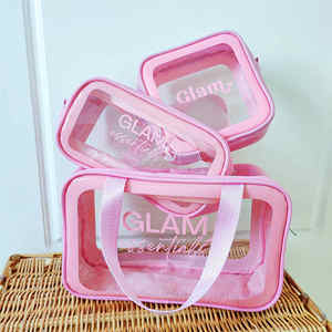 Sac cosmétique en cuir PU souple de vente chaude fermeture éclair rose pour sac ensemble de sac de maquillage en tissu éponge - Product Image 3
