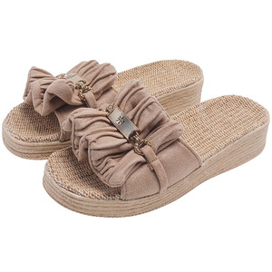 Sweet Linen <b>Fabric</b> Women Slippers Wedge Thick Sole Anti Slip Wearable Indoor Outdoor Summer Shoes - Product Image 5