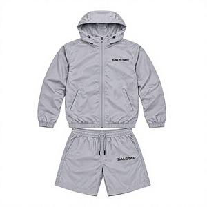 Custom Men’s Windbreaker Grey Tracksuit Set Lightweight Waterproof Hooded Jacket Shorts 2 Piece Sportswear <b>Jogging</b> <b>Suit</b> - Product Image 1