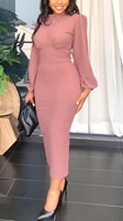 Vestido Midi Ajustado de Alta Calidad con Mangas Abullonadas, Color Sólido, Elegante para Oficina