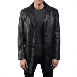<b>Men's</b> Genuine Leather Eco-Friendly Breathable Waterproof Anti-Wrinkle Mandarin Collar <b>Double</b> <b>Breasted</b> Long Winter <b>Overcoat</b> - Product Image 1