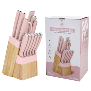 طقم سكاكين شيف جديد مكون من 14 قطعة باللون الوردي من الفولاذ المقاوم للصدأ مع مقبض خشبي للاستخدام في المطبخ في التجارة الخارجية JYTD10025 - Product Image 5