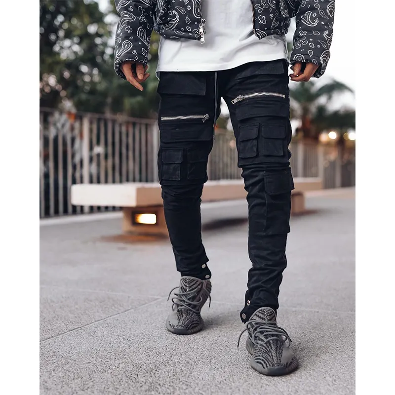 2022 New Casual Streetwear Men's Cargo Pockets Custom Logo Skinny Fit Utility Cargo Pants Trousers in Black