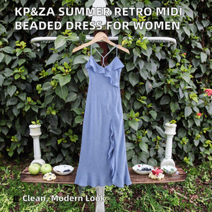 Robe décontractée sans manches KP&ZA 2025 pour femme, nouvelle collection été, élégante, rétro, à bretelles, longueur midi, tissée, à volants, perlée, lavable - Product Image 2