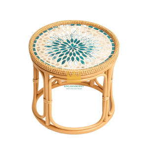 Mesa de Centro Redonda Moderna de Ratán Hecha a Mano con Superficie de Mosaico de Madreperla para Dormitorio, Sala de Estar, Decoración del Hogar, Venta al Por Mayor - Product Image 1