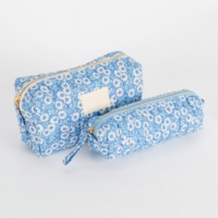 Pochette de voyage matelassée bleue et blanche à rayures, légère, pliable, avec poignée, pour pinceaux de maquillage, étui organisateur de voyage à fermeture éclair pour femme