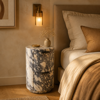 Table de chevet en marbre Calacatta Viola au design italien moderne, table de nuit cylindrique cannelée, mobilier sur mesure pour projets hôteliers OEM ODM