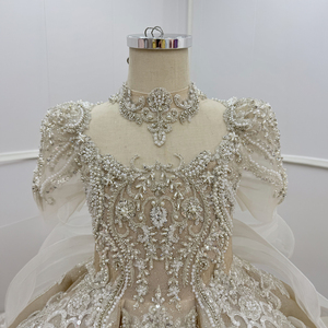 Robe de demoiselle d'honneur Wn1798 Champagne, style princesse, ornée de perles, longueur ras du sol, col montant, 100% Polyester, pour mariage d'enfants avec traîne - Product Image 3