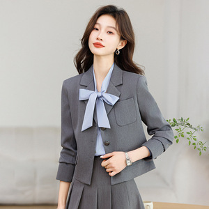 Grey Women's Suit Set Midi Skirt Three Quarter Sleeve Office Lady Anti-Wrinkle Polyester Worsted Formal Wear - Product Image 4