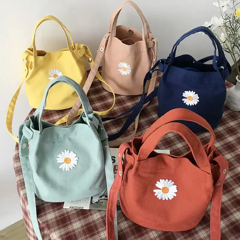 New style Canvas Bag calico daisy canvas Shoulder shopping Small Cotton Handbag tote Bucket Pouch Girls with pocket