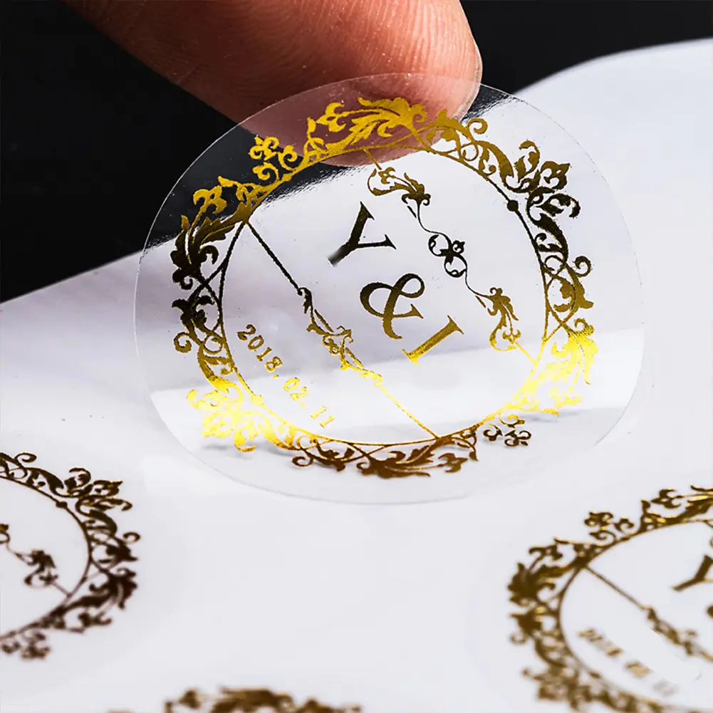 Impresión personalizada autoadhesiva, pegatinas de lámina dorada transparente, etiqueta de logotipo transparente