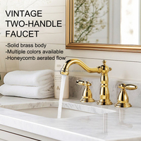 Keran Wastafel Kamar Mandi Model Vintage Antik 3 Lubang, Bahan Kuningan Padat, Lapisan Emas Brushed, Dua Tuas, Dapat Diatur Air Panas Dingin