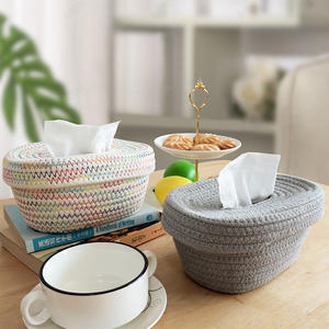 Cesta de almacenamiento de cuerda de algodón de estilo japonés simple, caja de pañuelos ovalada multiusos, cubierta superior e inferior tejida ecológica - Product Image 2