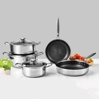 8 Buah Set Peralatan Masak Baja Tahan Karat 316 Motif Sarang Lebah Anti Lengket dengan Panci Penggorengan dan Panci Sup dengan Tutup Kaca