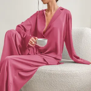 Factory Prices High Quality Satin Silk Sleepwear Low Cut Pajamas For Women Single Breasted Long Sleeves Wide Leg Pants Trouser S