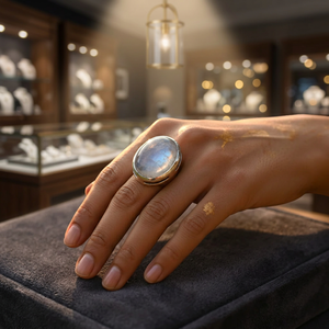 Bague cocktail pour femme en argent 925 avec pierre de lune taille ovale, sertie clos, style bohème géométrique, bijou de tous les jours - Product Image 4