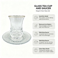 Lot de douze tasses à thé et soucoupes en verre gravé à bord doré turc, vintage, transparent, écologique, compatible lave-vaisselle, pour hôtels