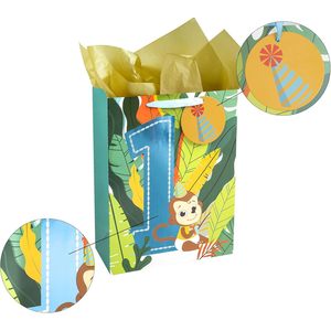 Gift <b>Bag</b> With Card And Tissue Paper For First Birthday Monkey Theme Party Supplies - Product Image 3