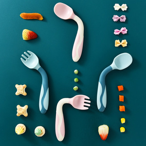 Vajilla de comida complementaria <span class=keywords><strong>para</strong></span> bebé, <span class=keywords><strong>cuchara</strong></span> de silicona <span class=keywords><strong>torcida</strong></span> doblada, <span class=keywords><strong>cuchara</strong></span> de entrenamiento <span class=keywords><strong>para</strong></span> niños, combinación de tenedor - Product Image 6