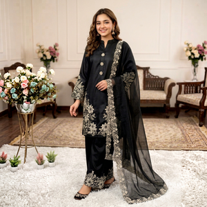 Salwar Kameez traditionnel pour femmes, noir, brodé, en soie, longueur cheville, tenue de mariage, style Inde Pakistan - Product Image 1