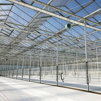Serre agricole multi-chapelles en verre à structure galvanisée robuste, anti-vent, personnalisable et adaptée aux environnements difficiles, pour usage commercial