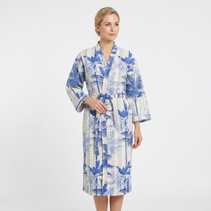 Long Cotton Knitted Bath Robe Winter Night Wear Digital Printed Floral Kantha Drawstring Closure Jacket Dressing Gown - Product Image 1