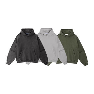 Pull-over homme KINGSEN vintage en coton éponge brodé, délavé à l'acide, à ourlet brut, manches superposées, épais, pour l'hiver - Product Image 5