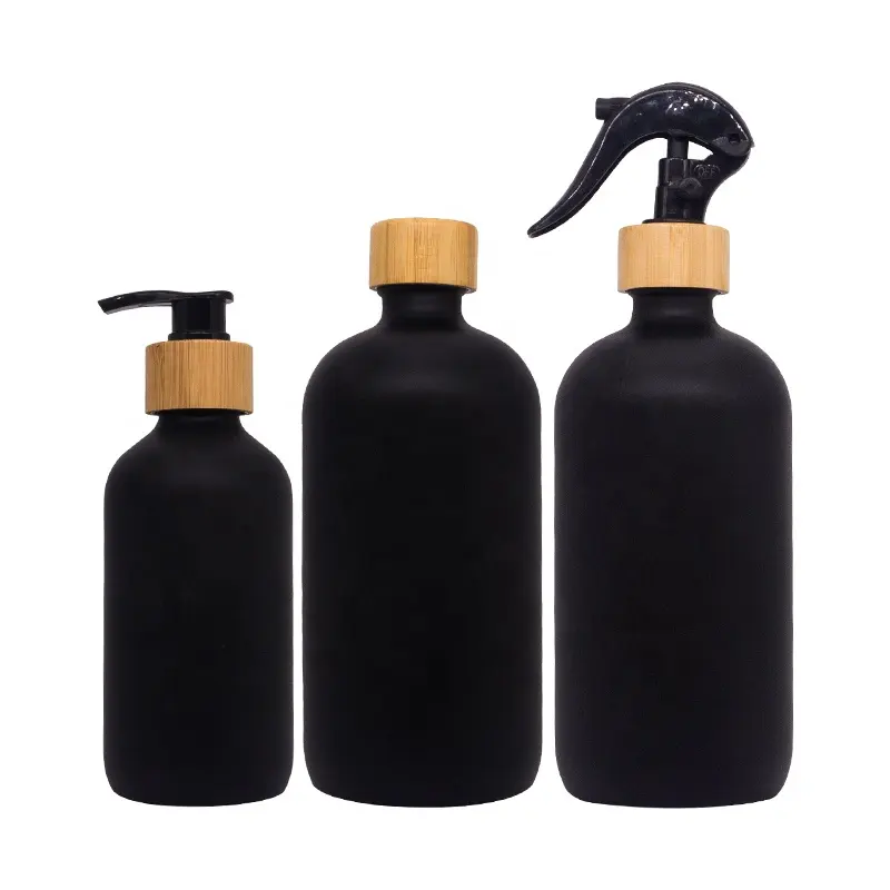 Botella de vidrio negro mate con tapa de bomba de bambú, rociador de agua de maquillaje para jardín, 250ml, 500ml, 8oz, 16oz