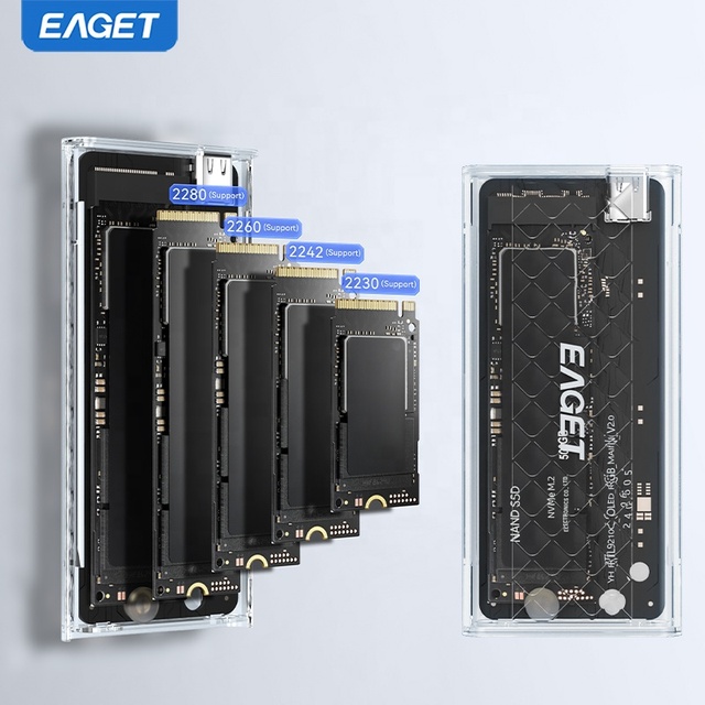 EAGET SE160D Portable Transparent NVME SATA M2 SSD Case Dual Protocol M.2 Type-C to USB-A/C 10Gbps External SSD Enclosure
