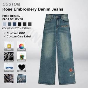 بنطلون جينز رجالي مخصص بالجملة، مغسول، بقصة واسعة ومستقيمة، بحافة خام، مطرز بالورود، بتصميم فضفاض وواسع الساقين، مناسب لملابس الشارع - Product Image 1