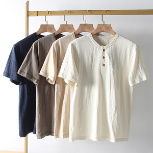 T-shirt Estiva da Uomo in Misto Cotone-Lino con Colletto Henley Stile Americano, Produzione Cinese, Vestibilità Standard - Product Image 2