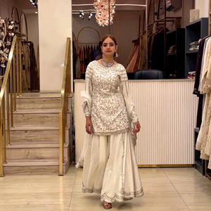 <b>Women</b> White Embroidered <b>Kurta</b> Palazzo Dupatta Set Floor Length Traditional Wedding Party Wear - Product Image 1