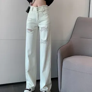 Mode Koreaanse Versie Trendy Dames Denim Losse Rechte Pijpen Hoge Taille Witte Gescheurde Broek