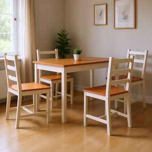Set da pranzo in legno massello di pino da 5 pezzi, sedie con schienale alto, finitura bianca naturale, design moderno scandinavo - Product Image 2