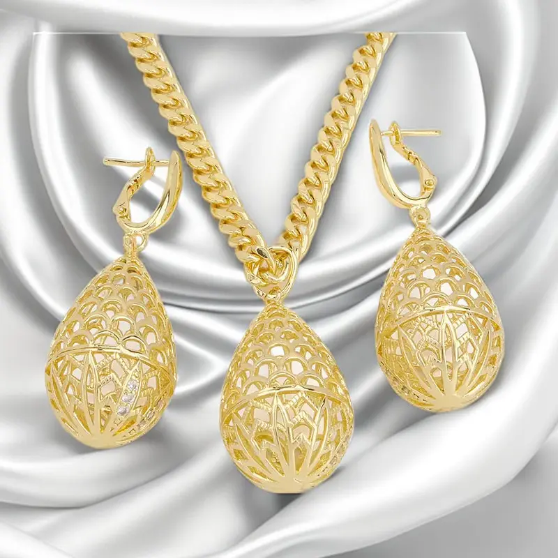 Luxury 18k Gold Plated Women Jewelry Set Wedding African Bride Jewellery Sets Hollow Fashion Necklace and Drop Earrings