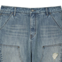 Jean en denim personnalisé pour homme, double épaisseur aux genoux, bleu délavé vintage, coupe ample à jambe large, bords bruts, déchiré, coutures renforcées, vente en gros