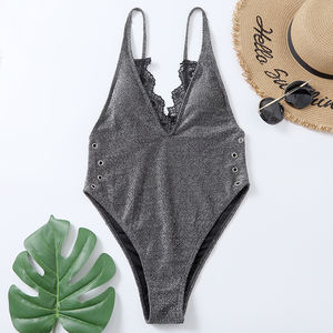 Prezzo di fabbrica Pad rimovibile Halter Monokini pizzo costumi da bagno interi, Sexy grigio Glitter occhiello pizzo scollo a V taglio alto costume da bagno- - Product Image 2