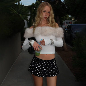 Women's Slim-Fit Cropped Off-Shoulder Long-Sleeve <strong>T-Shirt</strong> <strong>with</strong> Faux Fur Accents and Contrast Panels (Featuring Sheer <strong>Straps</strong>) - Product Image 3