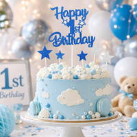 7 pièces de décorations scintillantes bleues et argentées pour le 1er anniversaire : décorations de gâteau en carton, pics à cupcakes étoiles, pour la fête du premier anniversaire d'un bébé garçon