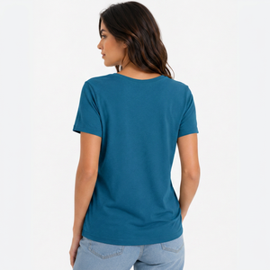 Camiseta de Manga Corta con Cuello en V para Mujer, Color Sólido, Corte Regular, Jersey de Poliéster/Algodón, Transpirable, Ropa Casual de Verano, 220g - Product Image 5