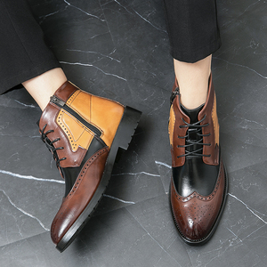 Splicing Cap Toe Oxfords High Top <strong>Brogue</strong> Dress Shoes Classic Durable <strong>Men</strong> PU Leather <strong>Boots</strong> - Product Image 2