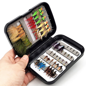 Juego de moscas con bandas de Ninfa húmeda seca de 52 piezas con <span class=keywords><strong>Flybox</strong></span> impermeable negro para pesca en agua salada y agua dulce en River Lake Stream - Product Image 1