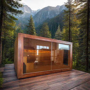 Cabine de sauna électrique extérieure carrée à économie d'énergie YX, porte entièrement vitrée, design moderne, usage commercial, infrarouge lointain, <span class=keywords><strong>bois</strong></span> massif - Product Image 1