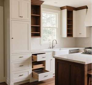 SANTOPOVA Farmhouse Style Solid Wood Tone <b>Kitchen</b> <b>Cabinets</b> with Open Shelving and Soft-Close Drawer System - Product Image 6