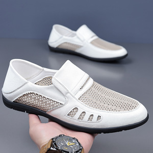 Mocassins en cuir véritable pour homme, à bout fermé, doublure en maille, semelle extérieure en caoutchouc, respirants, chaussures d'été à enfiler pour papa - Product Image 4