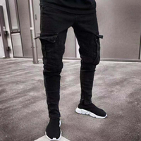 Nouveau Jean Cargo Slim Homme Long Extensible Noir avec Poches Façon Motard pour Travail
